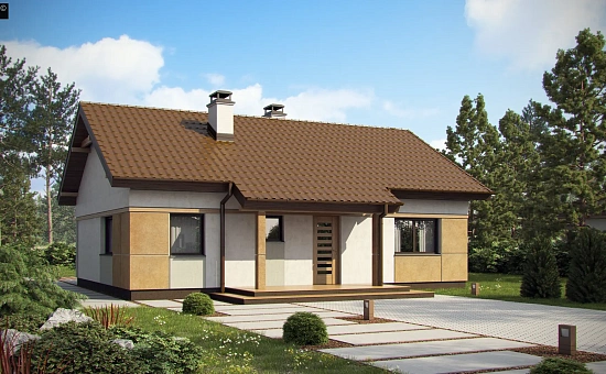 Компактный, уютный одноэтажный дом с двускатной крышей.