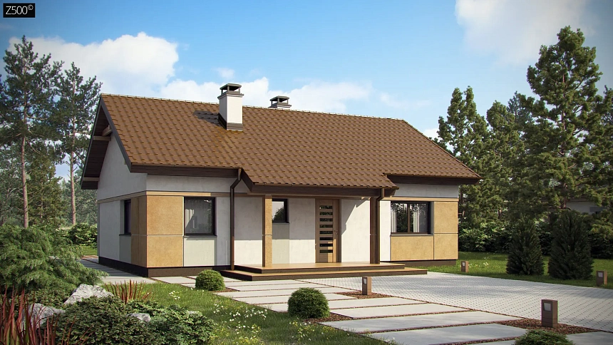 Компактный, уютный одноэтажный дом с двускатной крышей.