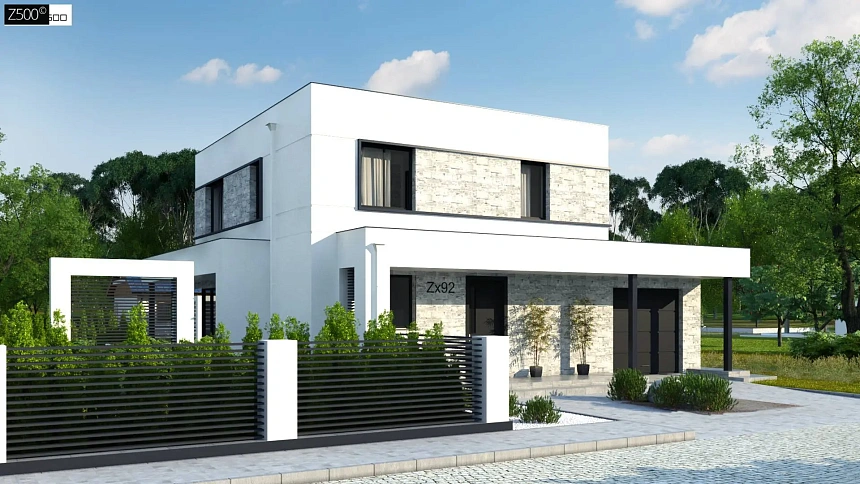 Проект двухэтажного дома с дополнительной комнатой на первом этаже и гаражом на один автомобиль.