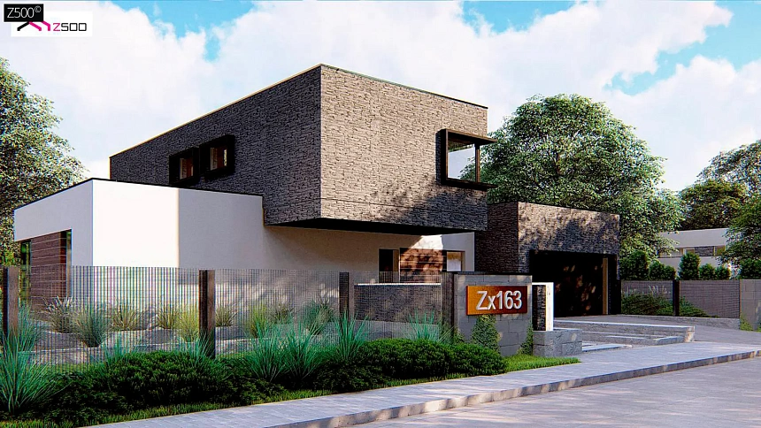 Проект двухуровневого дома с оригинальной планировкой и гаражом на 2 авто.