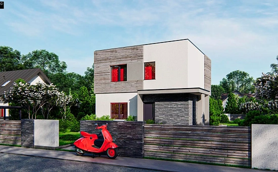 Двухэтажный проект дома с плоской кровлей, с электрическим котлом