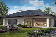 Проект одноэтажного дома с многоскатной крышей и гаражом на одну машину.