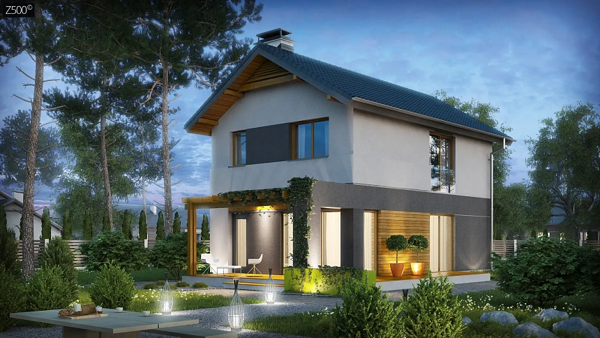 Двухэтажный дом с современными элементами для узкого участка.