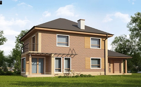 Проект комфортного двухэтажного дома с гаражом. Фасады в кирпичной облицовке.