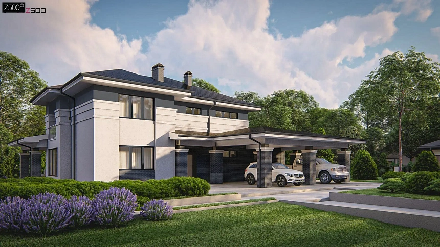 Cовременный двухэтажный дом с гаражом для двух машин