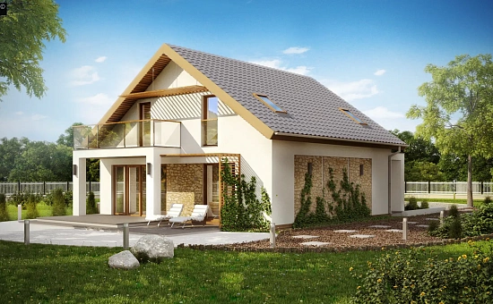 Дом средних размеров классической формы с двускатной кровлей.