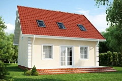 Компактный дом в традиционном стиле с двускатной крышей и красивыми мансардными окнами.