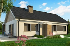 Проект одноэтажного дома с 4 спальнями и двускатной кровлей