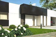 Проект современного одноэтажного дома с черно-белыми фасадами и открытым гаражом на 2 машины