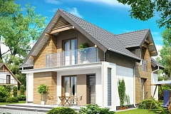 Проект удобного функционального дома с мансардой и гаражом T-образной формы.