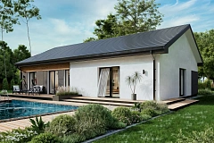 Одноэтажный дом прямоугольной формы.