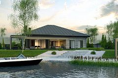 Проект дома с одноуровневой оригинальной планировкой и современным экстерьером.