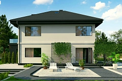 Просторный двухэтажный дом простой формы с террасой над гаражом.