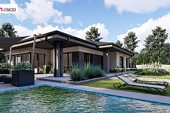 Cовременный одноэтажный дом с многоскатной крышей и гаражом на две машины.