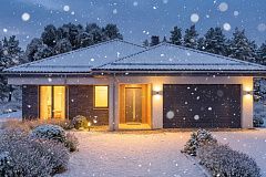 Современный одноэтажный проект дома с многоскатной крышей и гаражом на две машины