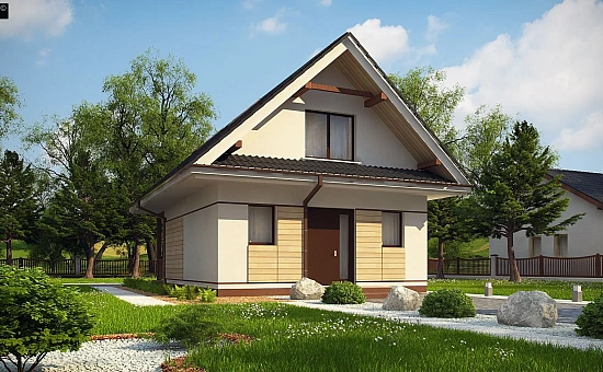 Небольшой мансардный дом с верандой, подойдет для строительства на узком участке.