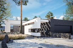 Cовременный одноэтажный дом с плоской крышей с гаражом на два авто