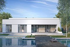 Одноэтажный дом с плоской кровлей и просторной террасой.