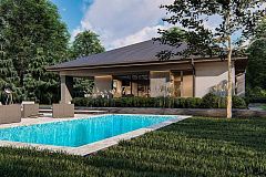 Современный одноэтажный проект дома с многоскатной крышей и гаражом на две машины