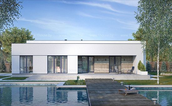 Одноэтажный дом с плоской кровлей и просторной террасой.