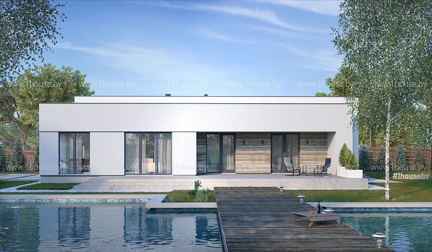 Одноэтажный дом с плоской кровлей и просторной террасой.