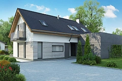 Проект мансардного коттеджа с функциональной планировкой помещений и гаражом для одной машины.