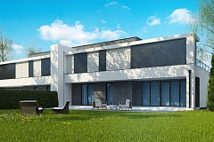 Современный проект домов-близнецов с большим гаражом и террасой на втором этаже.