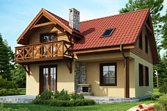 Компактный дом с мансардой с камином на террасе.