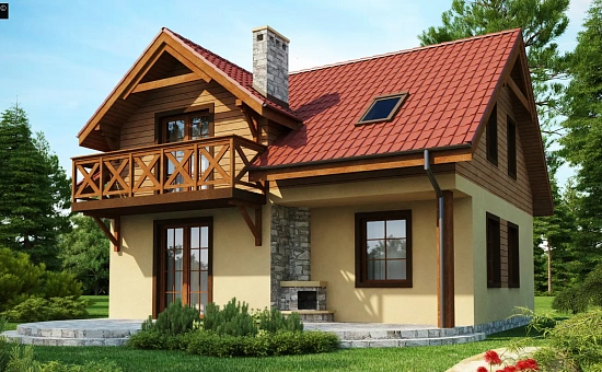 Компактный дом с мансардой с камином на террасе.