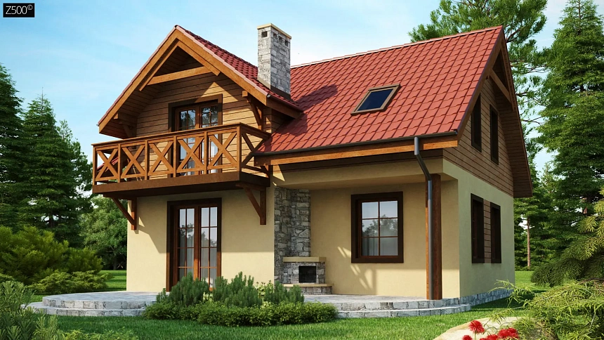 Компактный дом с мансардой с камином на террасе.