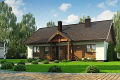 Аккуратный одноэтажный дом с деревянной отделкой на фасадах.