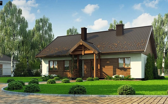 Аккуратный одноэтажный дом с деревянной отделкой на фасадах.