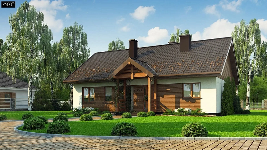 Аккуратный одноэтажный дом с деревянной отделкой на фасадах.