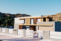 Двухэтажный дом с плоской крышей, с большим остеклением, террасами и гаражом