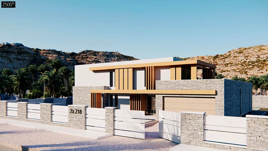 Двухэтажный дом с плоской крышей, с большим остеклением, террасами и гаражом