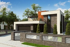 Проект двухэтажного дома в современном стиле с гаражом для двух машин и просторной террасой&nbsp;&nbsp;над ним.