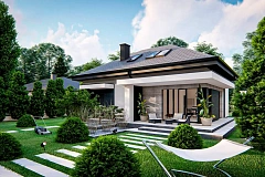 Дом с мансардой, гаражом на одну машину и четырехскатной кровлей