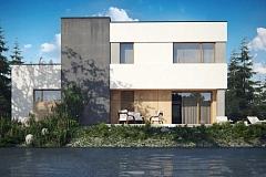 Двухэтажный дом в модернистском дизайне с гаражом и террасой на верхнем этаже.