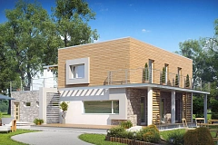 Оригинальный дом в современном стиле с обширной террасой над гаражом.