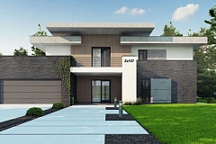 Красивый и комфортный дом с плоской кровлей, гаражом на две машины и просторными террасами.