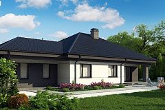 Проект одноэтажного дома с четырехскатной кровлей и гаражом на два автомобиля.