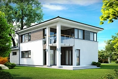 Двухэтажный современный дом с многоскатной низкой крышей, с гостиной с фронтальной стороны.