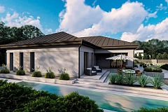 Одноэтажный современный проект дома с многоскатной крышей и гаражом на две машины.