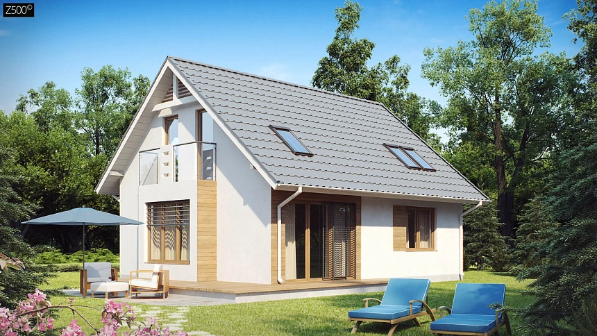 Небольшой дом с дополнительной комнатой на первом этаже, большим хозяйственным помещением и эркером в столовой.