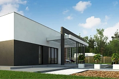 Одноэтажный дом с плоской кровлей, тремя спальнями и гаражом на две машины