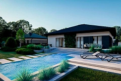 Функциональный одноэтажный дом с гаражом на одну машину, расположенный в центральной части переднего фасада.