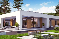 Современный одноэтажный дом с плоской кровлей и гаражом