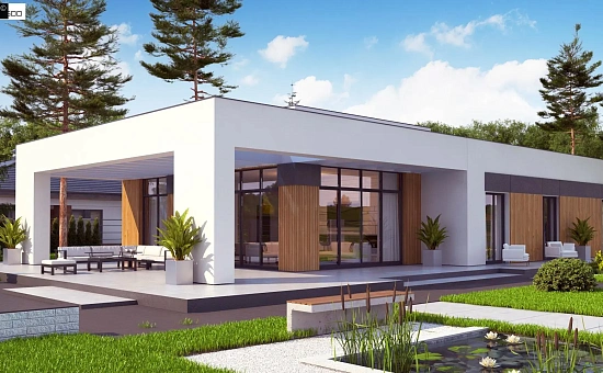 Современный одноэтажный дом с плоской кровлей и гаражом