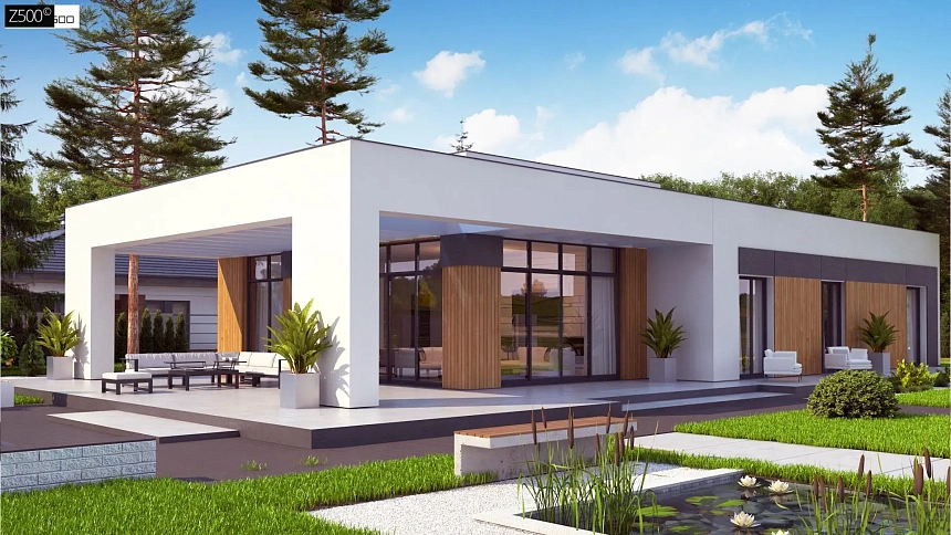 Современный одноэтажный дом с плоской кровлей и гаражом