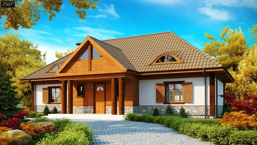 Просторный дом в стиле старинной усадьбы с необычными мансардными окнами и крытой террасой.